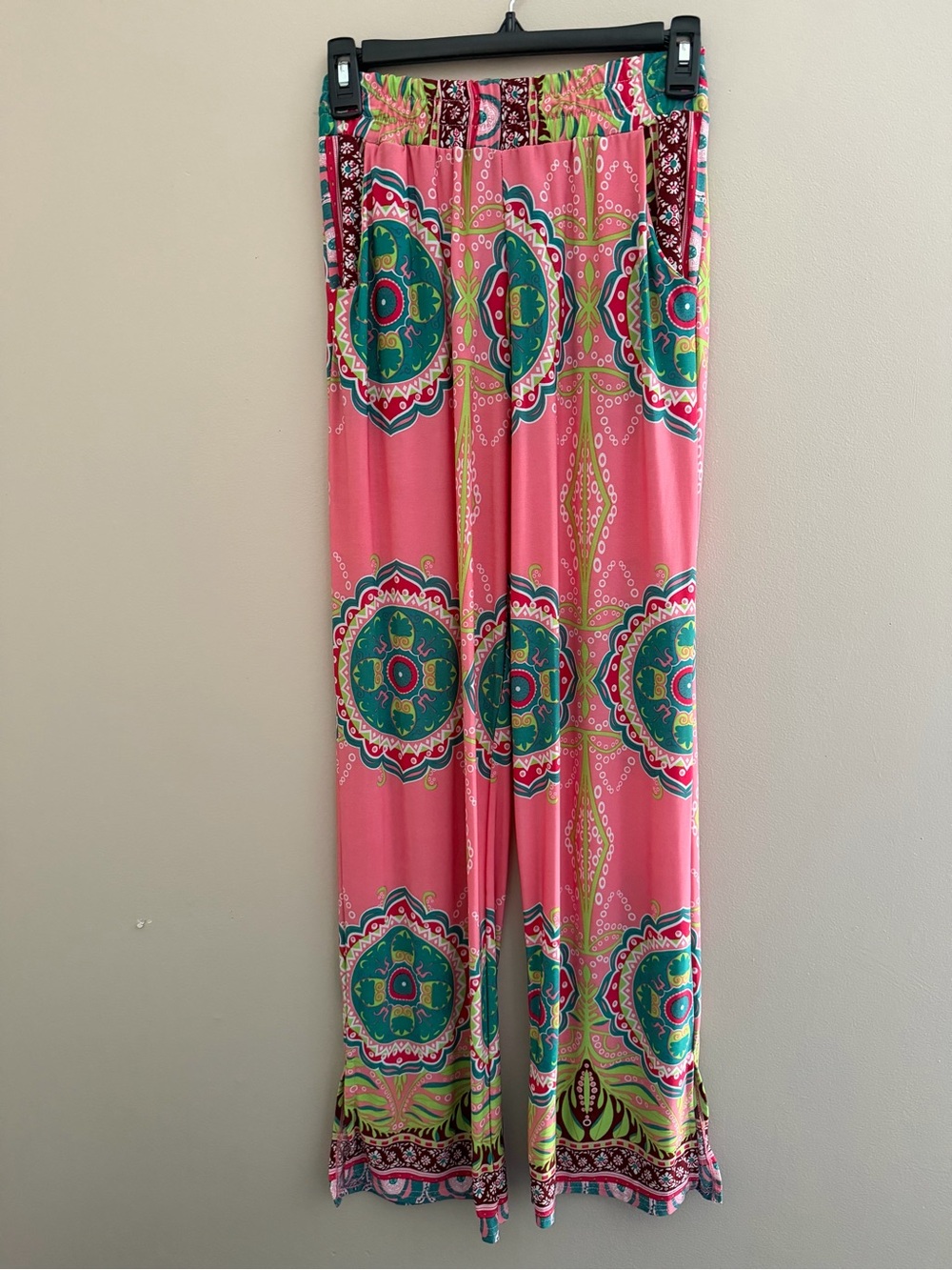 Boho Vibrant Pink Mandala Wide Leg Slit Accent Trousers - S/M